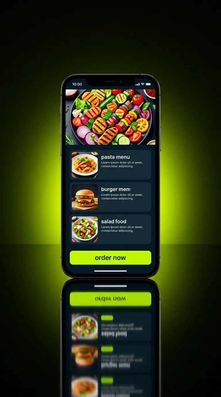 Restaurant food ordering app screen with a menu list and an order button