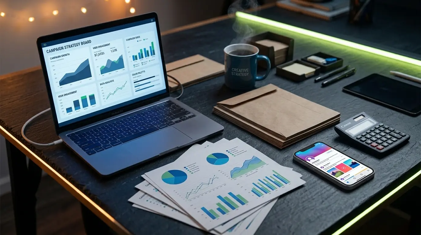 Laptop and printed charts on a table showing a content and email campaign board