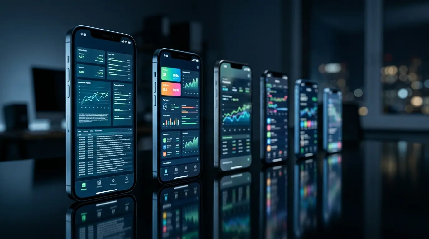 Several smartphones standing upright, each showing an Android app screen