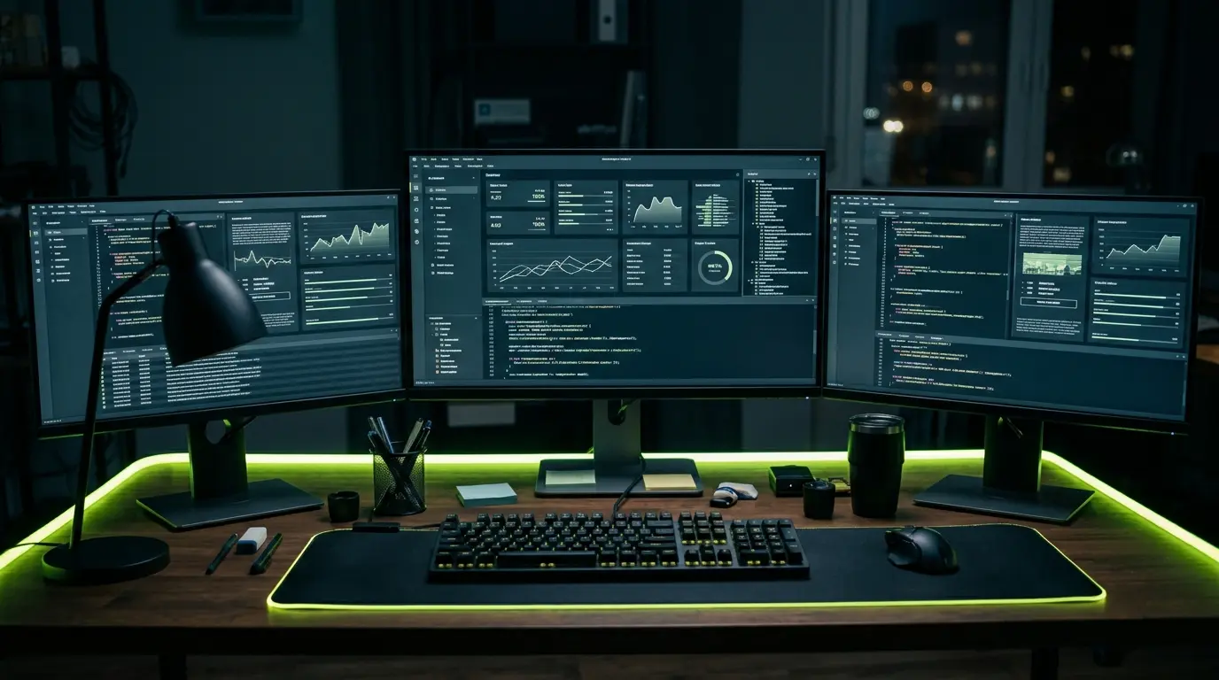 Developer workstation with monitors showing billing integration panels and code