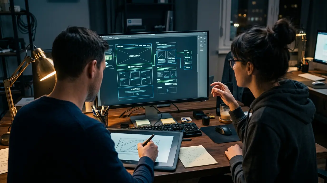 Designers reviewing a landing page layout on screen during a design review
