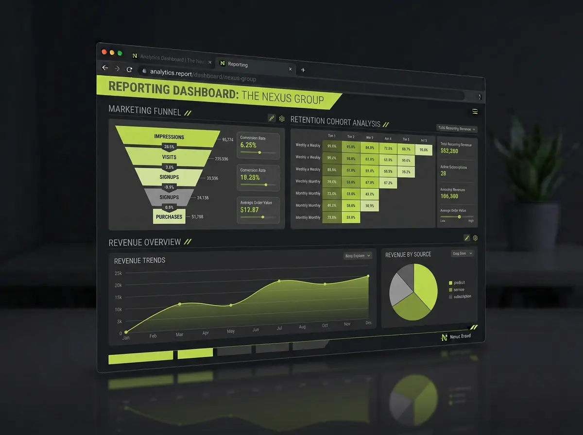 Marketing analytics reporting dashboard mockup with funnel, cohort and revenue panels
