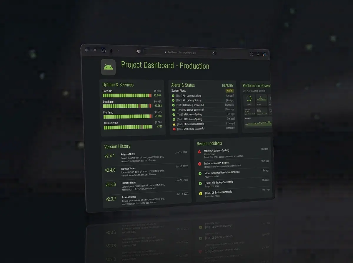 App maintenance monitoring dashboard mockup with uptime bars and alert rows