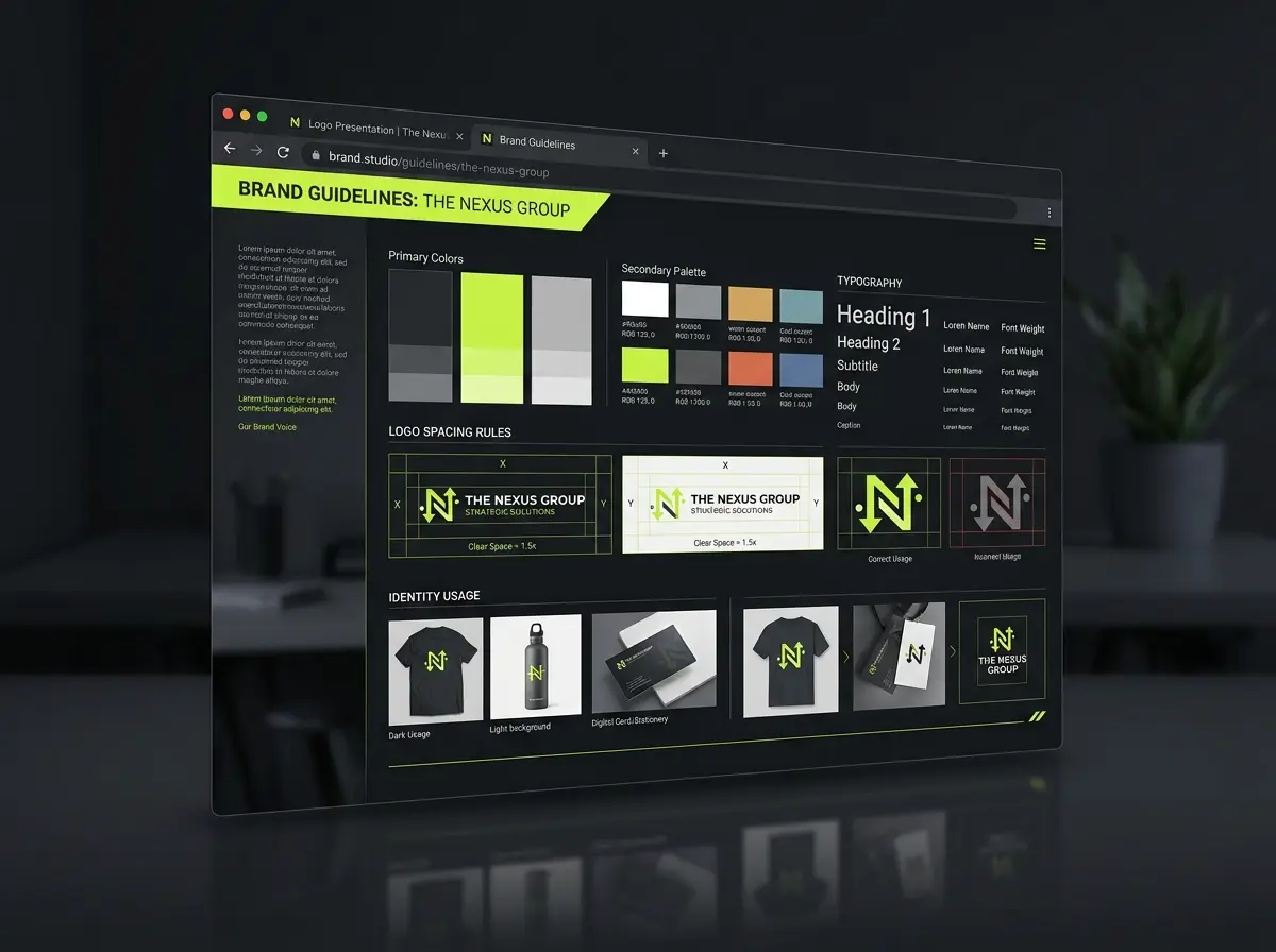 Brand identity guidelines mockup with color swatches, type scale and logo spacing rules