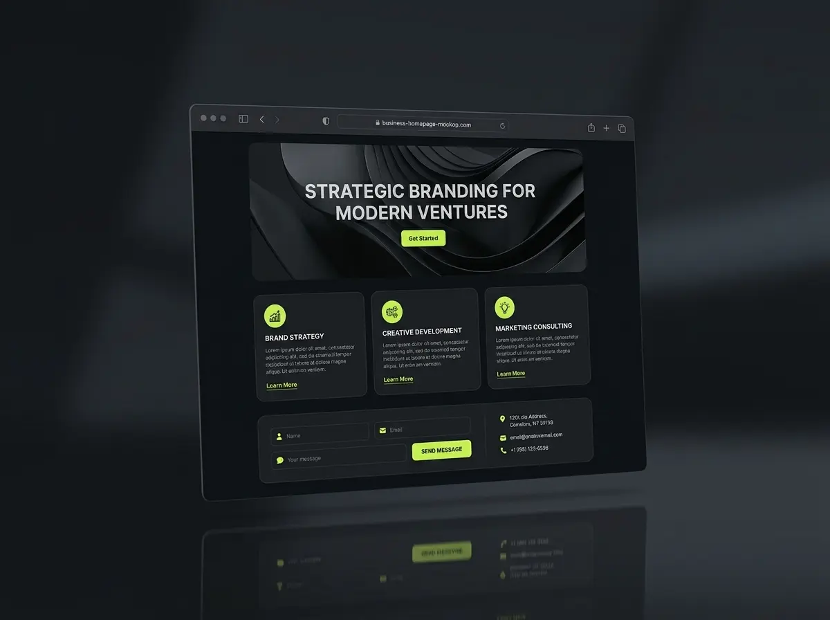 Business website homepage mockup with a hero banner, service cards and a contact strip