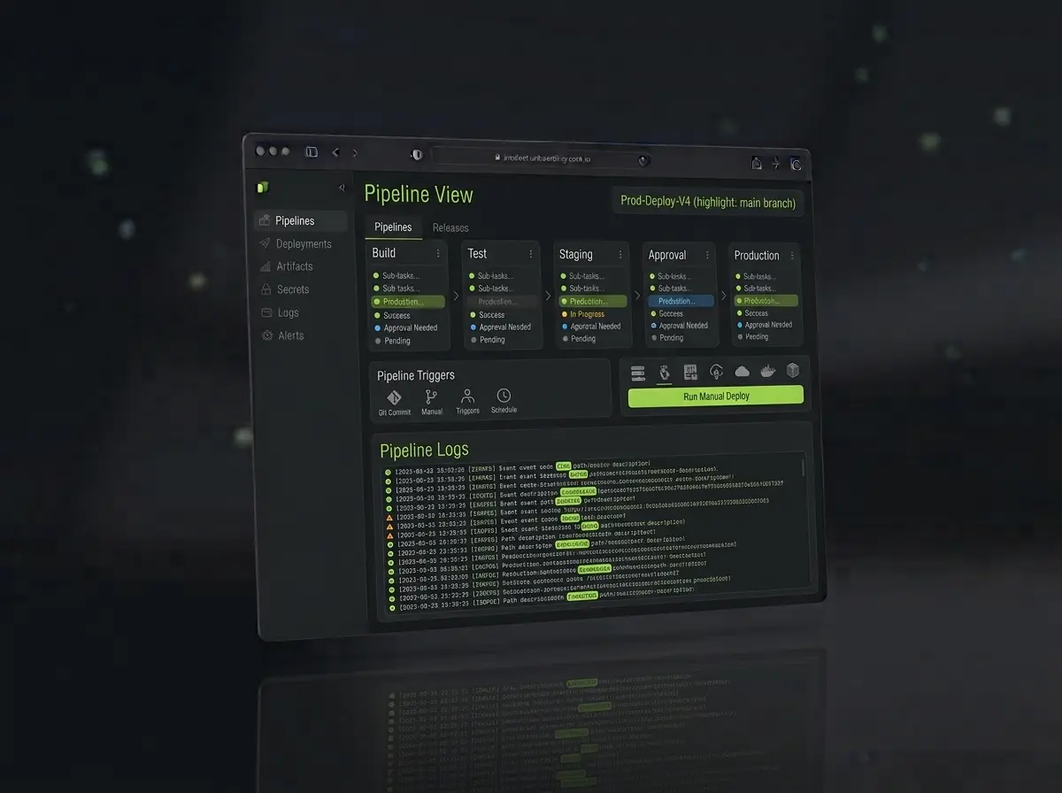 Cloud DevOps deployment pipeline mockup with stage blocks, status dots and a log panel