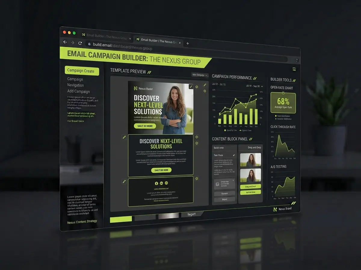 Email marketing campaign builder mockup with a template preview and open-rate chart