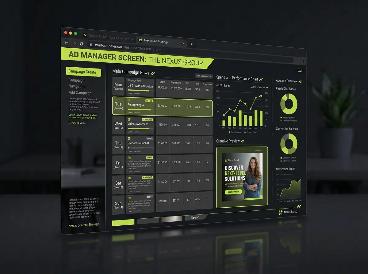 Google and Meta ads manager mockup with campaign rows, spend chart and creative preview