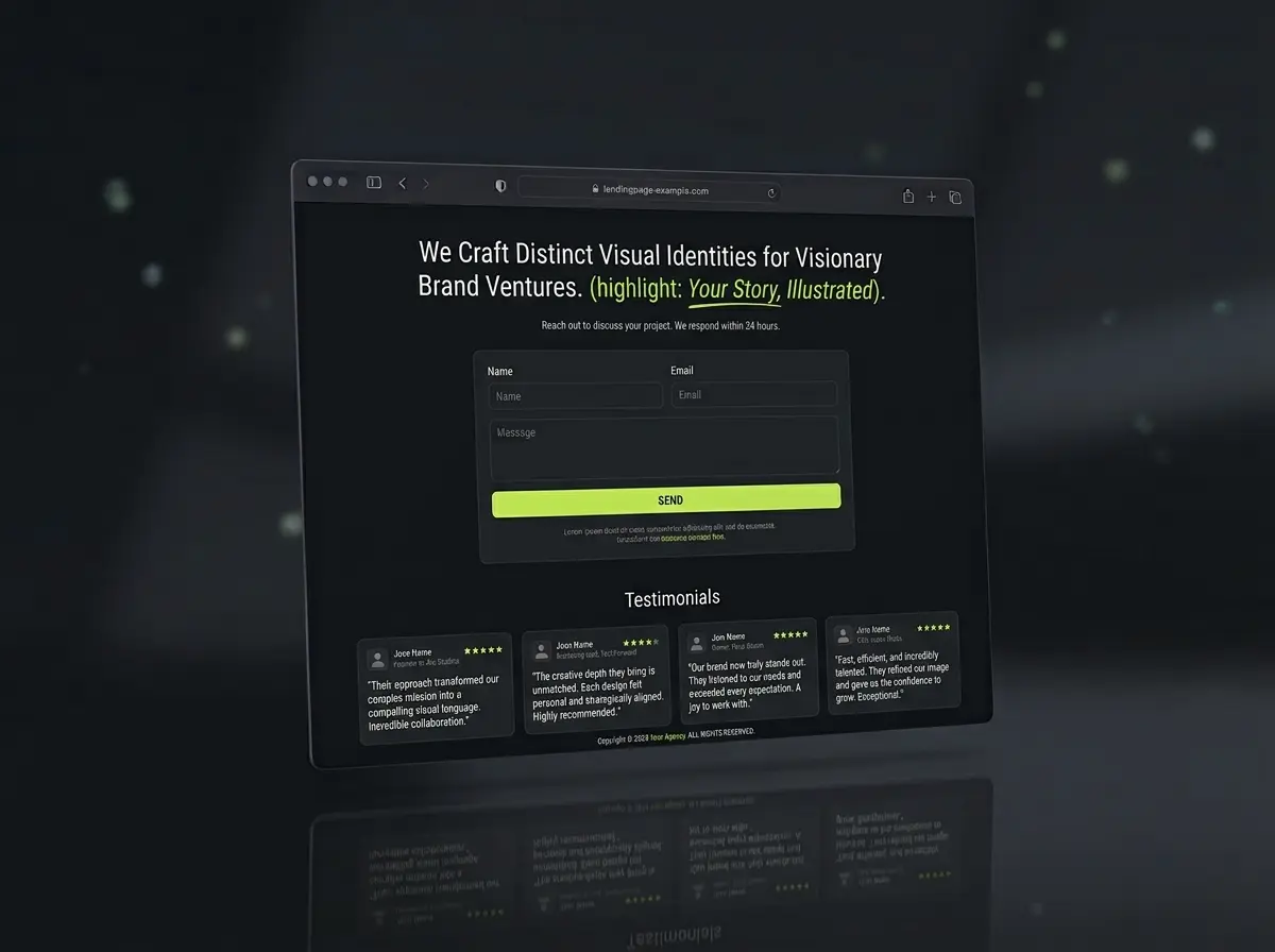 Landing page mockup with a headline, signup form and testimonial row