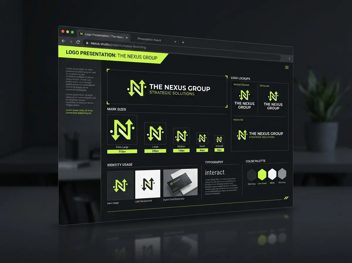 Logo presentation board showing one mark in several sizes and lockups