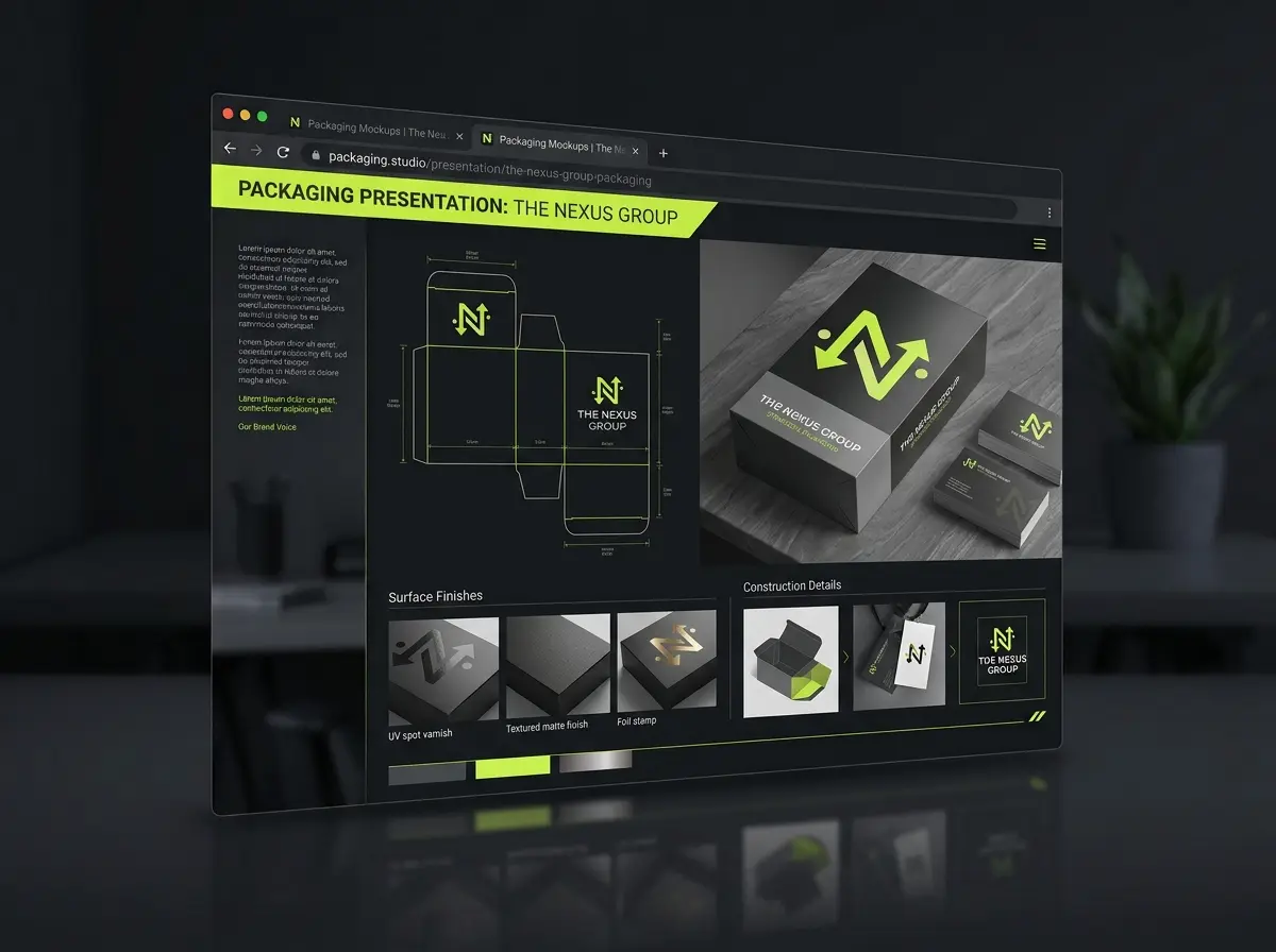 Packaging dieline next to a rendered box mockup