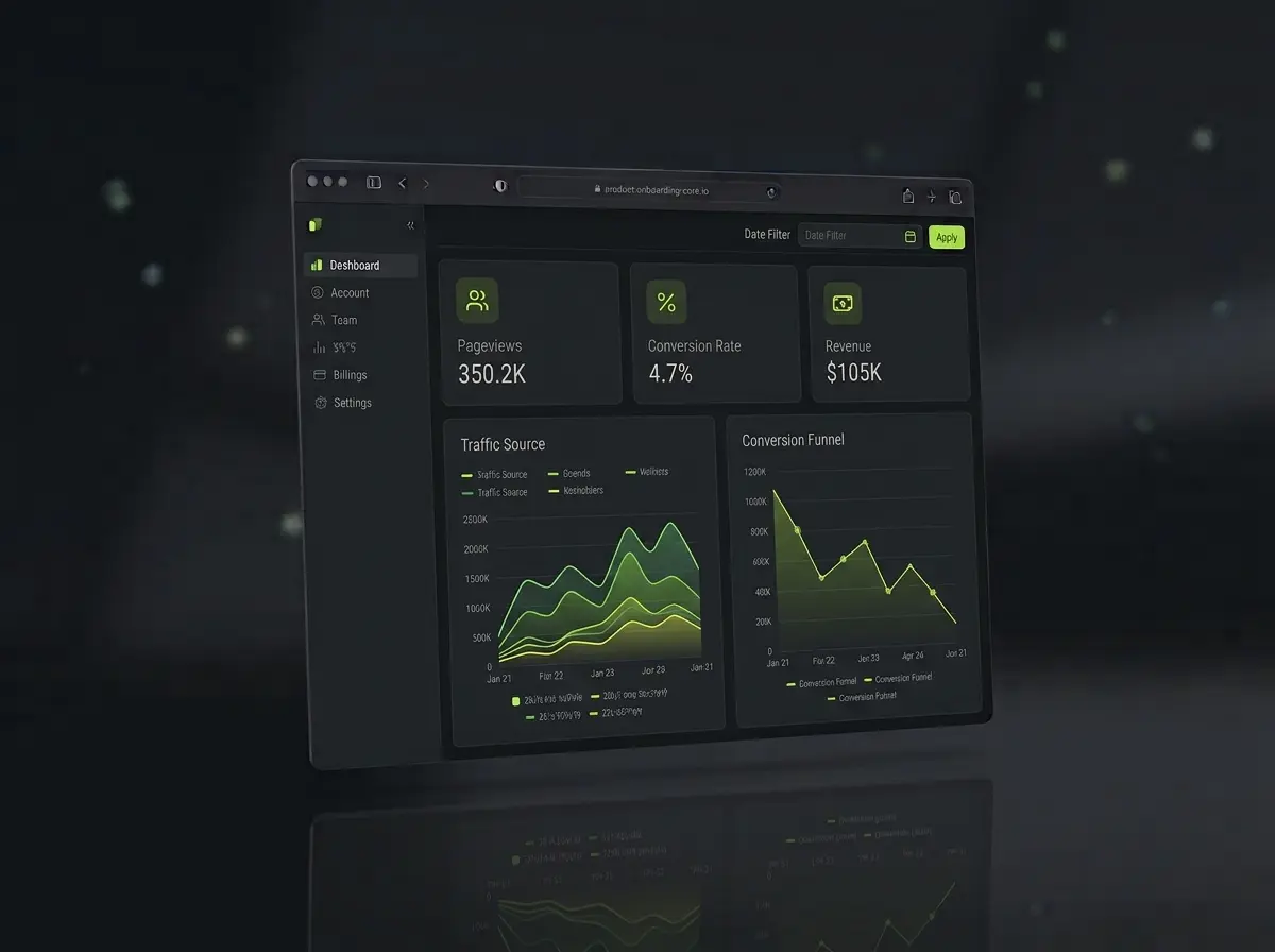 SaaS analytics dashboard mockup with line charts, a KPI row and a date filter
