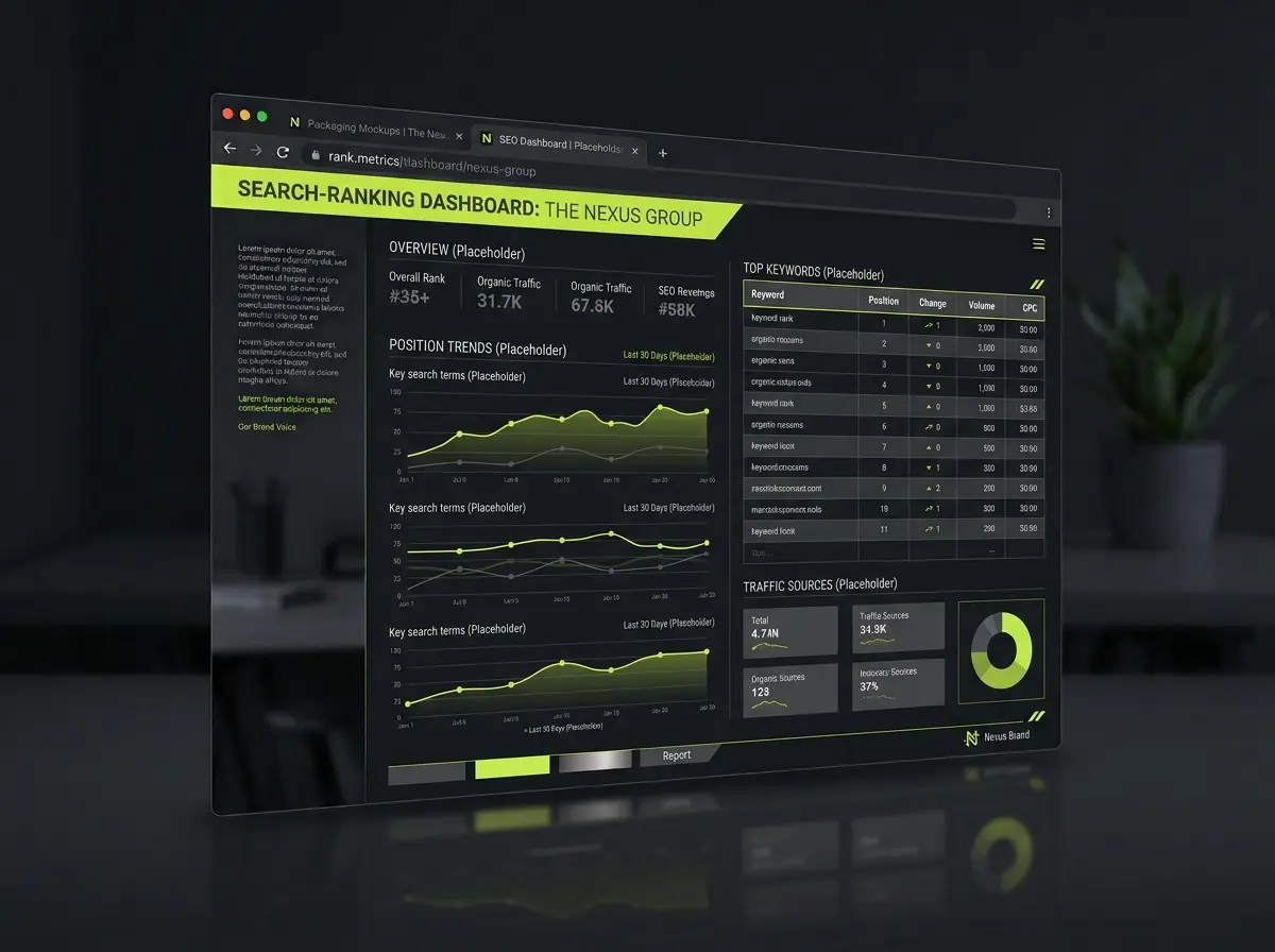 SEO ranking dashboard mockup with position trends and a keyword table