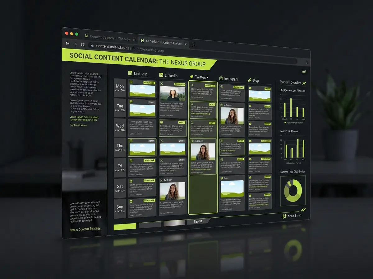 Social media content calendar mockup with post previews