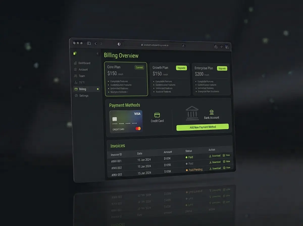 Subscription billing screen mockup with plan tiers, invoices and a payment method card