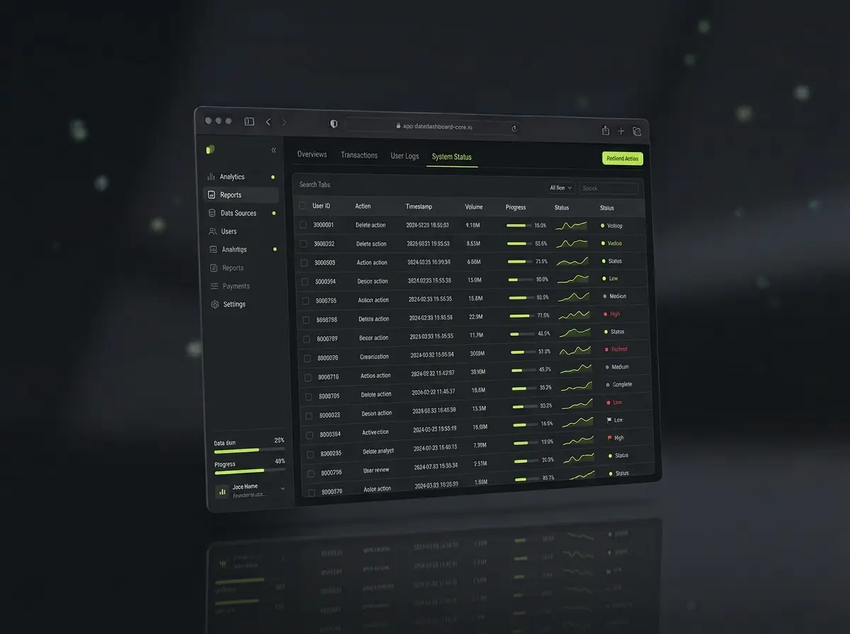 Custom web application mockup with a sidebar, tabs and a data table