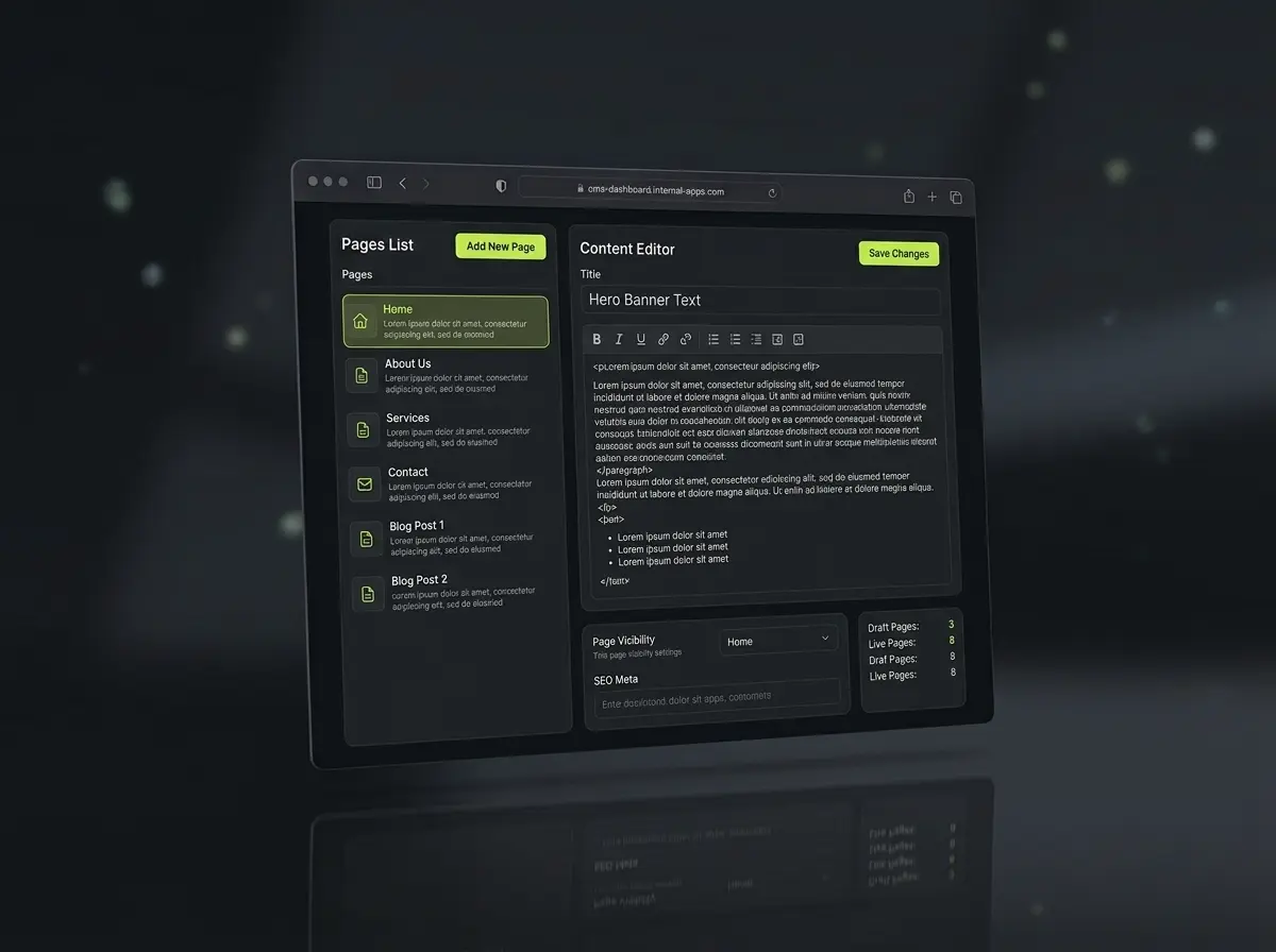 WordPress content management dashboard mockup with a page list and editor panel